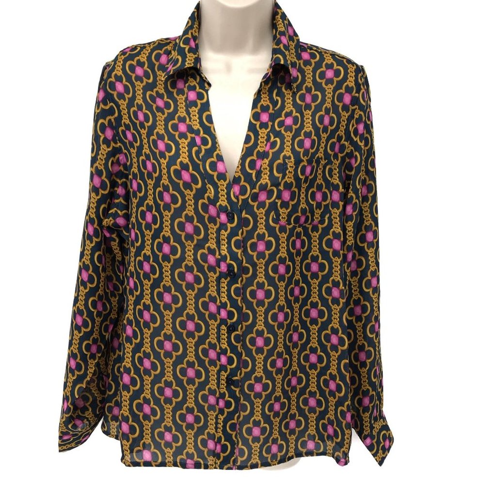 NWT Larsen Gray Womens Black Chain Print Button Front Blouse Size M - Picture 1 of 7